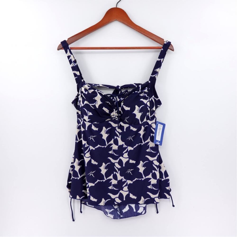 Hilor Tankini‎ Top Womens 16 Blue Floral Ruched Side Built in Bra Cruise Flowy